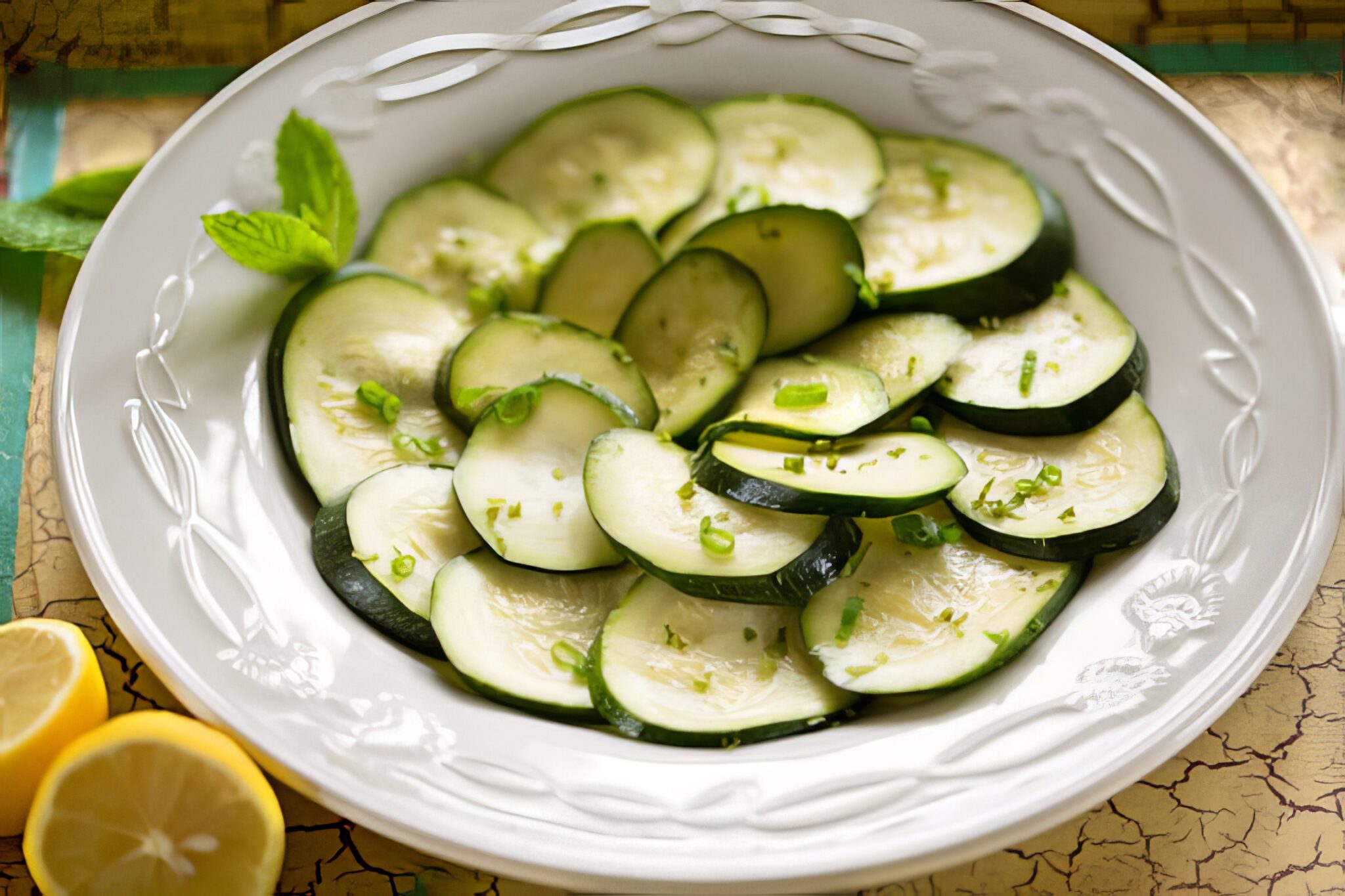 zucchini with mint on a white plate