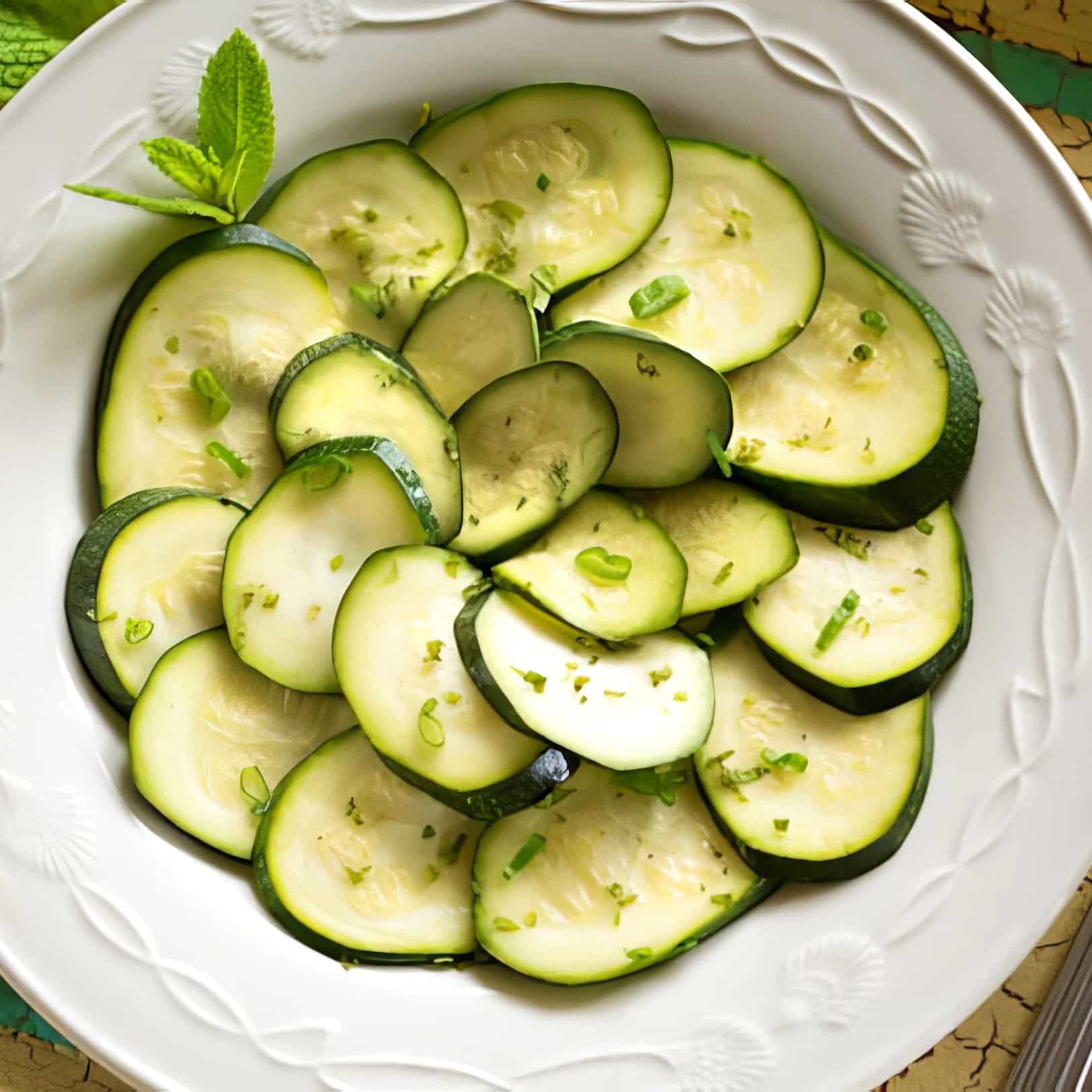 zucchini with mint on a white plate