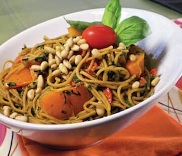 angel hair pasta with with chard and bell peppers